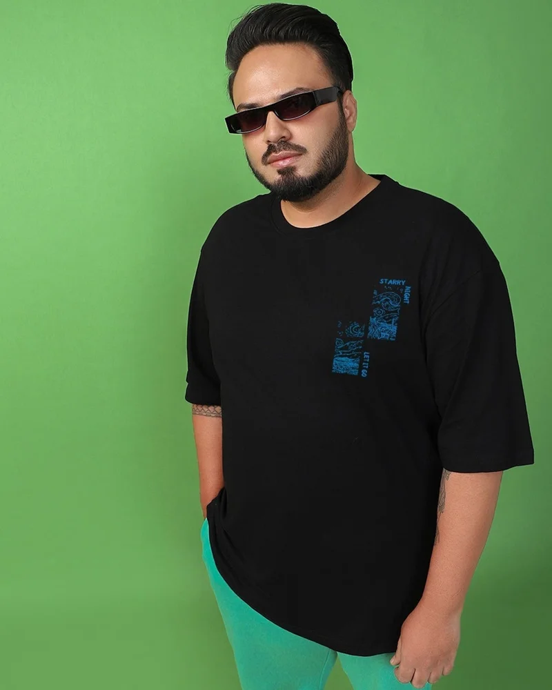 بيواكوف تيشيرت رجالي أسود مطبوع برسومات مقاس كبير فضفاض